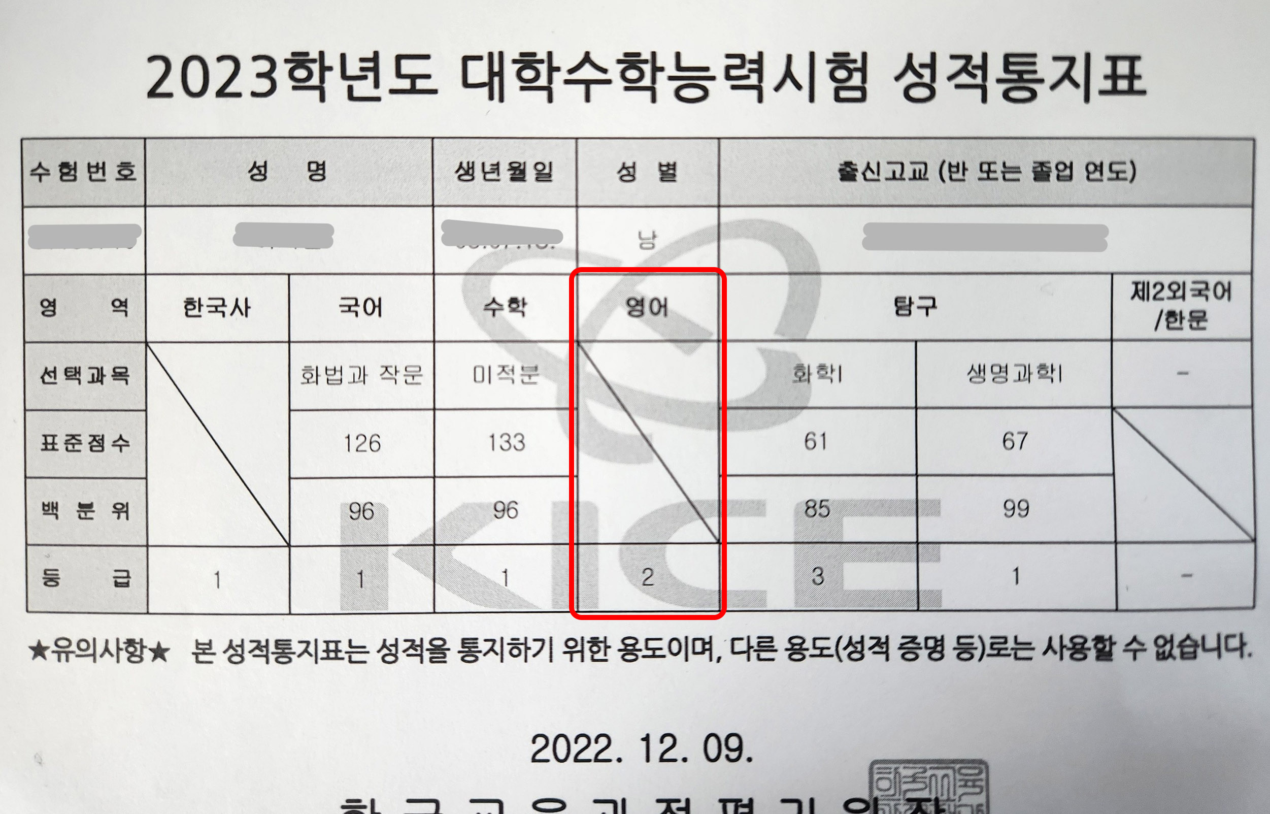 실제 수능 성적표